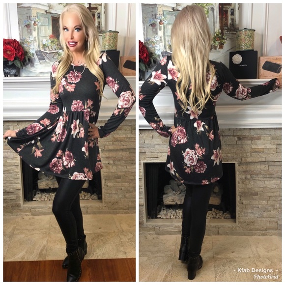 LAST 1! Buttery Soft Floral Ruffle Top in Charcoal - Picture 3 of 8